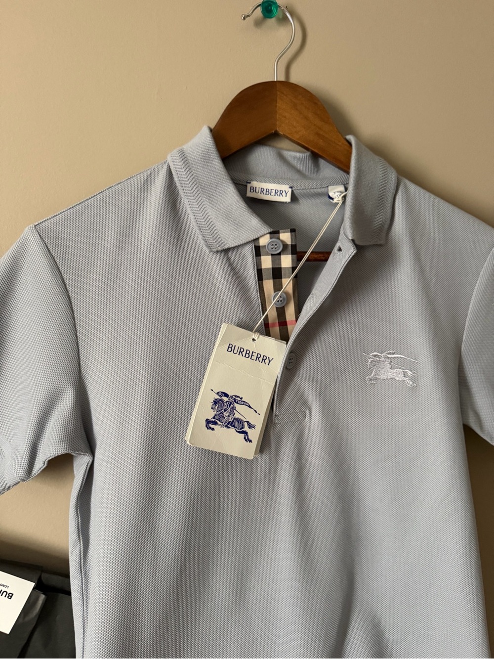 Burberry Men’s Light Blue Polo with Signature Check Placket